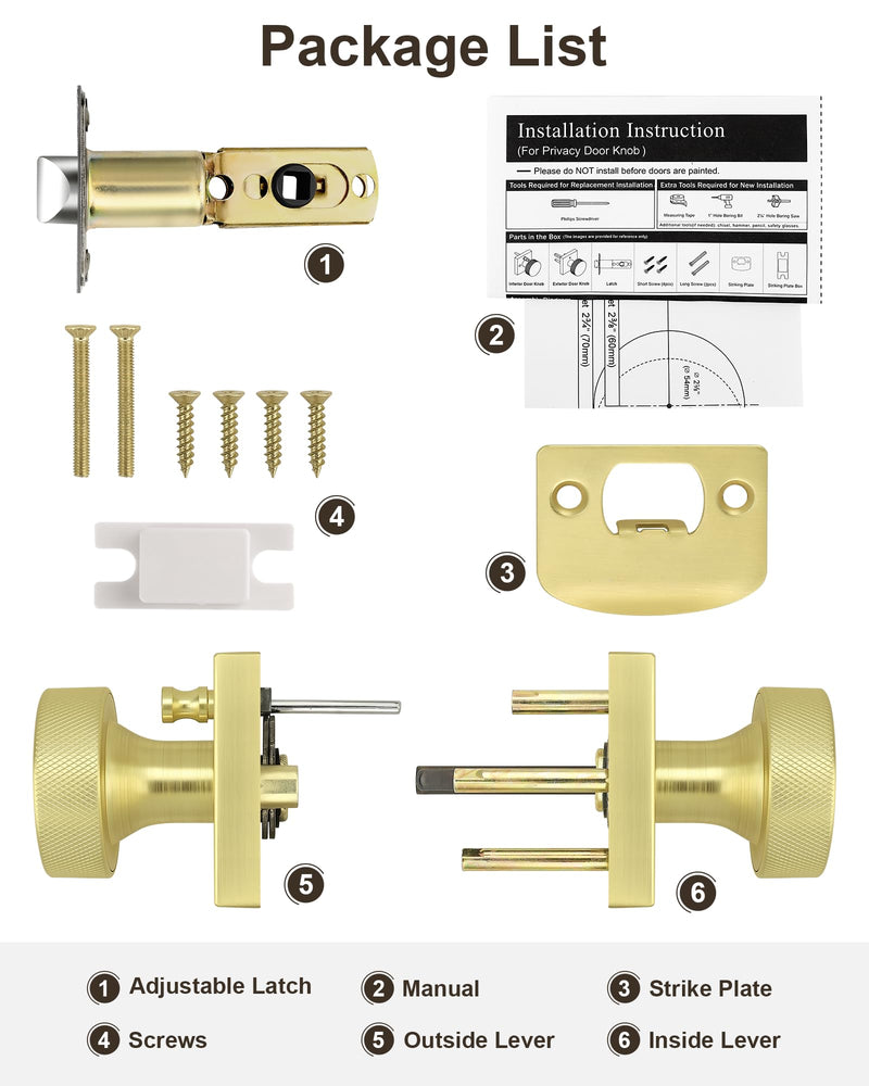 Probrico Privacy Door Knobs,Brushed Gold Interior Door Knobs with Square Rosette,Gold Keyless Bed and Bathroom Round Antique Door Knob with Lock 1Pack 1