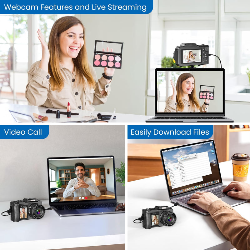 Digital Camera, 5K 80MP 3.5"+2" Dual Screen Cameras for Photography Autofocus, 18X Digital Zoom Vlogging Camera for YouTube, Travel, Beginners, Include 64GB Card and 2 Batteries, Black