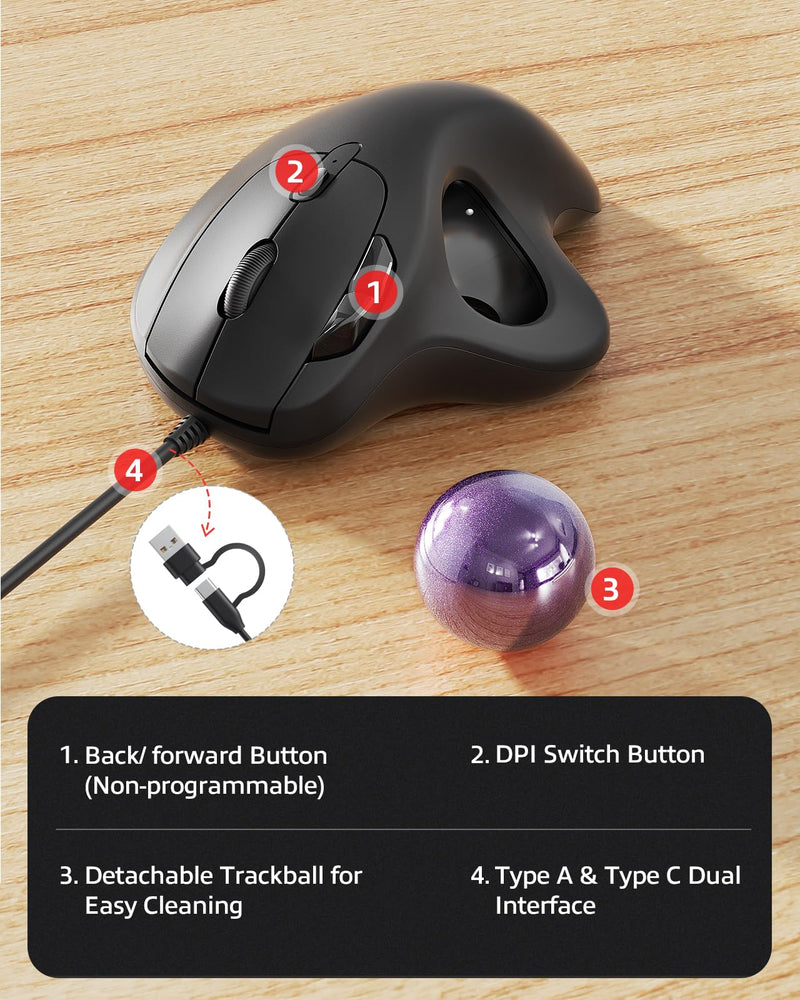 Nulea M509 Trackball Mouse Wired, Ergonomic Design, Easy Thumb Control, Precise & Smooth Tracking, 2-in-1 Interface (Type A &Type C), Compatible for PC, Laptop, Mac, Windows(Purple). B-Purple