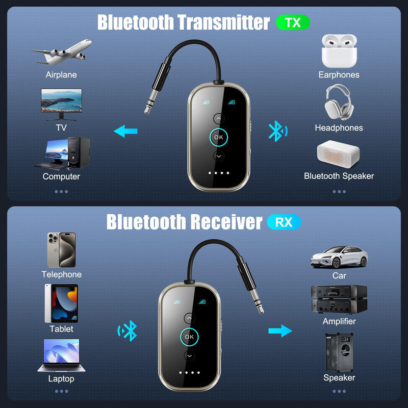 Bluetooth 5.4 Transmitter Receiver – Airplane/TV/Gym Wireless Audio Adapter | CNC metal & glass with Qualcomm aptX LL/HD, pairs with 2 AirPods/headphones for low-latency shared audio Silver Black
