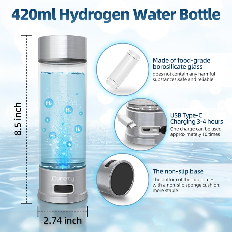 Hydrogen Water Bottle, 1500ppb Hydrogen Water Machine with SPE/PEM Technology, Alternative for Hydrogen Water Pitcher, Water Ionizer, Hydro Water Bottle for Health Silver