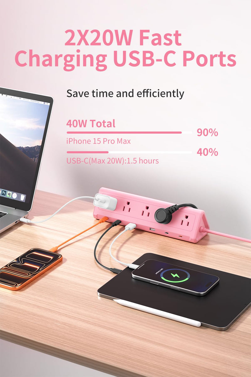 SMALLRT Pink Desk Clamp Power Strip with 6.5 FT Extension Cord, PD 40W USB-C Fast Charging Ports, 5 AC Outlets 4 USB-C 2 USB-A, Fits 2.1 inch Table Edges