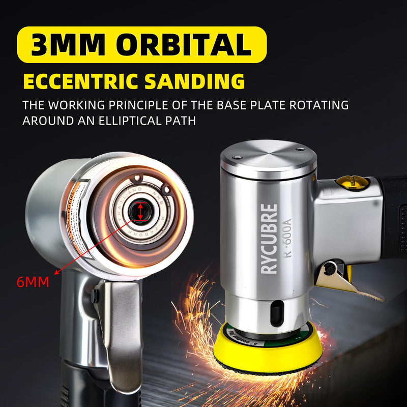 3 Inch Orbital Sander, Air Sander with 1/2/3 Inch Sanding Pads - 60PCS Sandpapers Included, Mini DA Sander for Woodworking, Car Polishing, DIY Projects (1/4 inch Air Inlet)