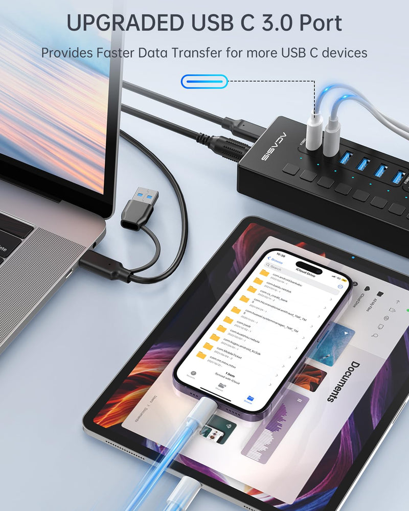 Powered USB 3.0 Hub, ACASIS 16 Port USB Hub Powered(Include 2*USB C 3.0+4 Smart Charging Port) with 60W Power Adapter, Support Wall Mount, USB Hub for PC Laptop, Mac, Printer, Camera 16 ports