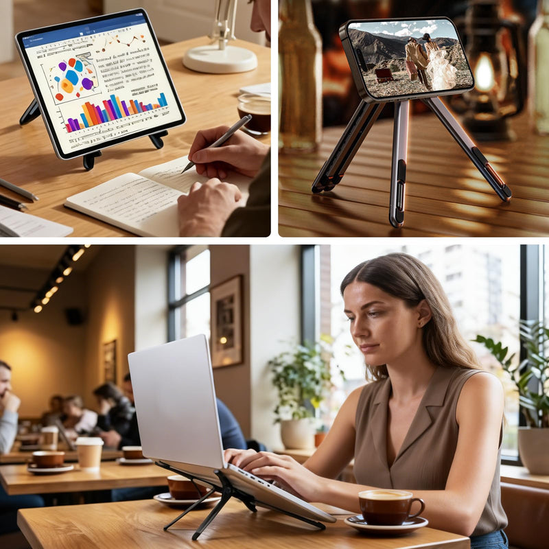 Magnetic Laptop Stand, 3-in-1 Foldable Aluminum Riser, Grey | 8-level height adjustment, built-in phone holder, fits 10-16 inch laptops, ergonomic foldable for desk office work
