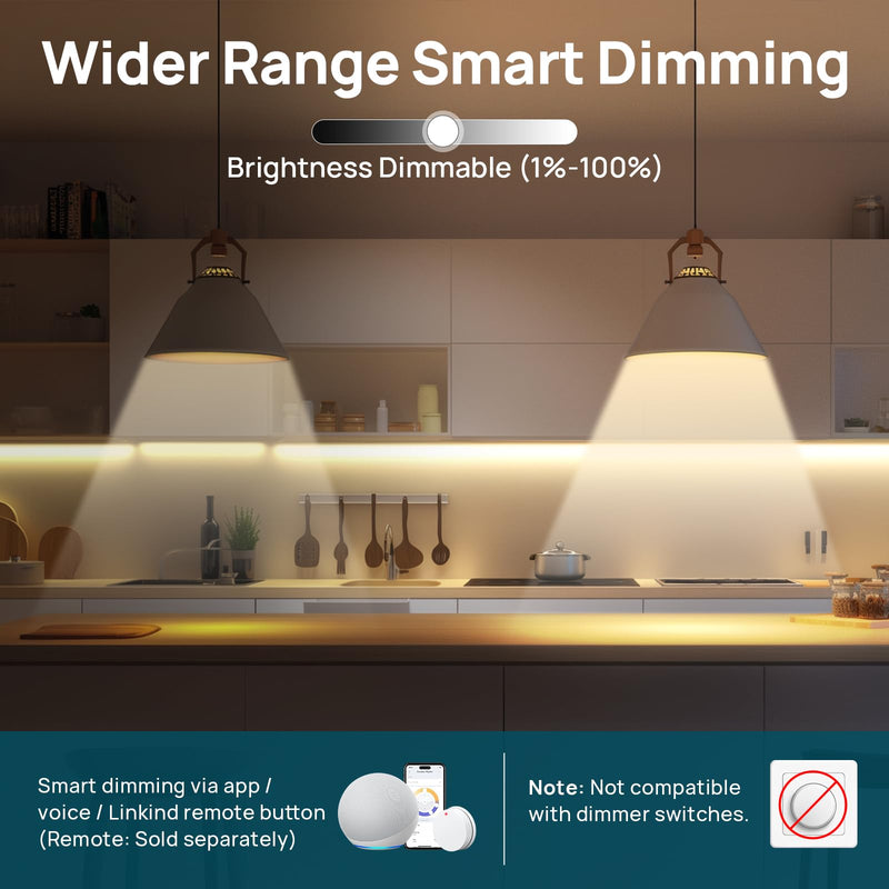 Linkind Smart Light Bulbs, Warm White to Daylight (2700K-6500K), Alexa Light Bulbs, Work with Alexa, Google Home, AiDot, 60W Equiv, Efficient 8.5W, 2.4G WiFi Bluetooth LED CRI>90, A19 E26 800LM, 4Pack 4 Pack Non-Matter-enabled