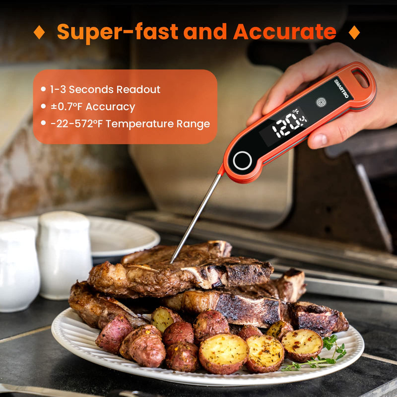 SMARTRO ST49 Digital Thermocouple Instant-Read Meat Thermometer with Ambidextrous Backlit for Food, Grilling, BBQ, Kitchen Cooking, Oil Deep Frying and Candy Red