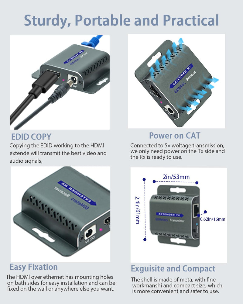 HDMI Extender Over CAT5e/6,HDMI Over Ethernet,HD MI Over cat6 with 200 FT for 1080@60Hz,RJ45 to HD Converter Plug & Play with 5V Power Adapter