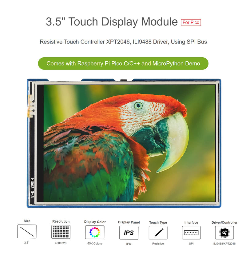 waveshare 3.5 inch LCD Touch Display for Raspberry Pi Pico 480×320 Touchscreen 65K Colors IPS Display SPI Interface for Raspberry Pi Pico