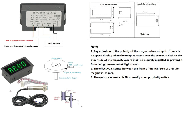 Tachometer 4 Digital LED Tach RPM Speed Meter,Digital Speedometer with Hall Proximity Switch Sensor NPN