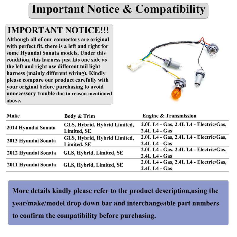 92450-3Q000 92450 3q000 Tail Lamp Holder and Wiring with 8 Halogen Bulbs, Compatible with Hyundai Sonata 2011 2012 2013 2014, Exterior, Rear (Pack of 1)