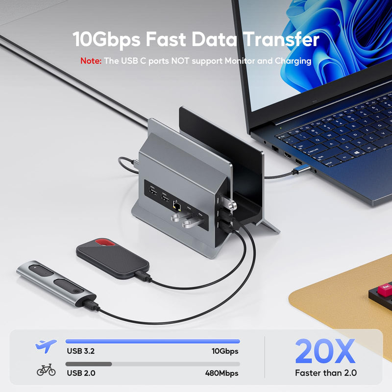 Laptop Docking Station Dual Monitor, 11 in 1 Vertical USB C Dock Stand with 2 HDMI 4K 60Hz, 3 USB A/C 10Gbps, 2 USBA 5Gbps, USB-A 2.0, Ethernet, PD 3.0 Docking Station for Type-C Laptops Grey