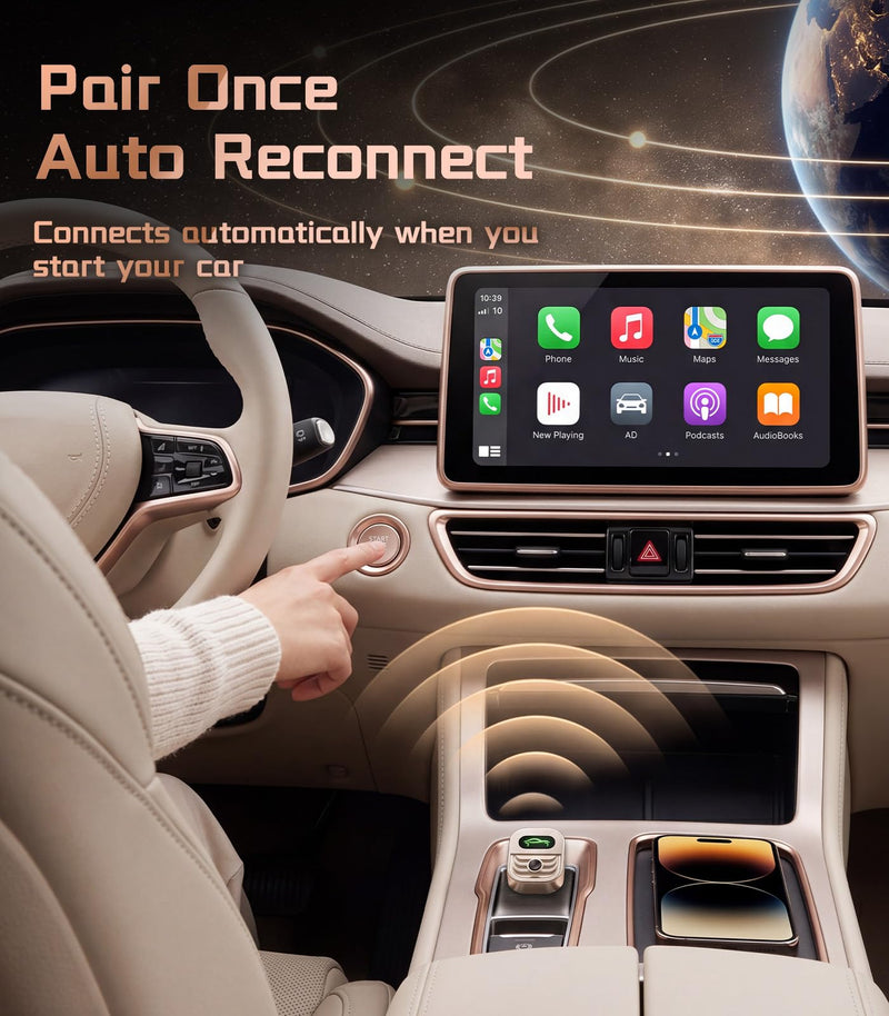 2026 Upgraded Wireless CarPlay Adapter for iPhone & Android Auto | One-Click Switch, Fast Auto-Connect, Alloy Apple Bluetooth CarPlay Adapter, Plug & Play for 1000+ Vehicles, USB-A/C Included