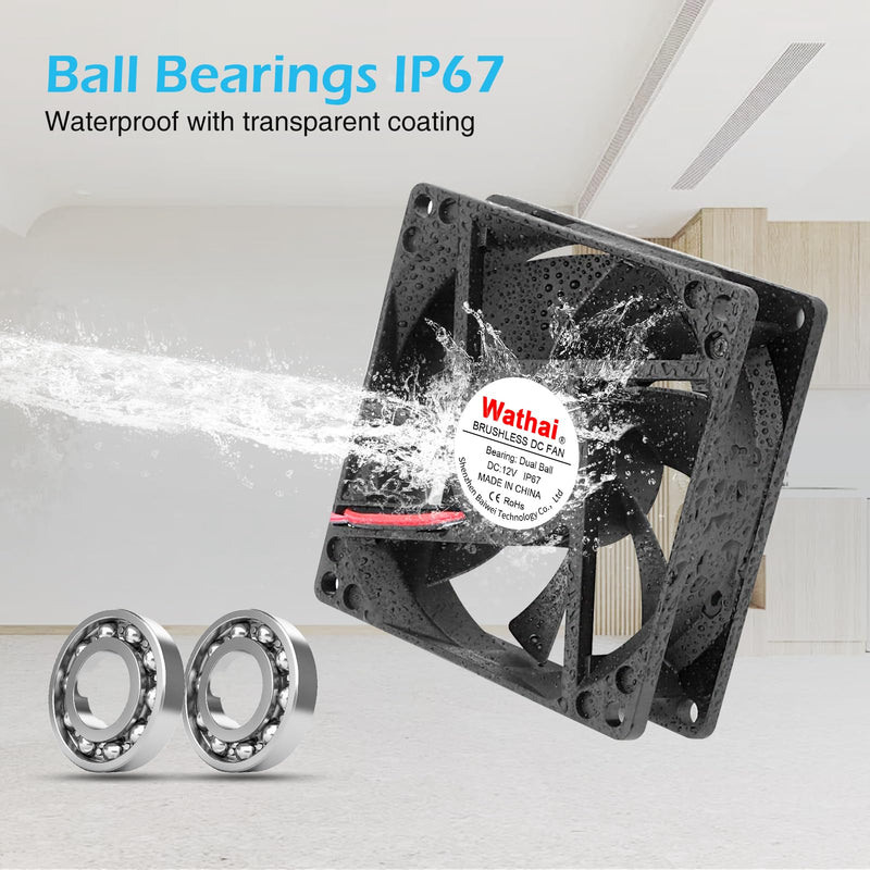 Wathai 120mm Waterproof Small Box Fan IP67 12V Computer Fan AC 110v 120v | Dual Ball Fan with AC Plug DC 12V to AC 110V 240V Speed Controller for Biltong Box Grow Tent Terrarium Aquarium Greenhouse IP67 120mm fan with Controller