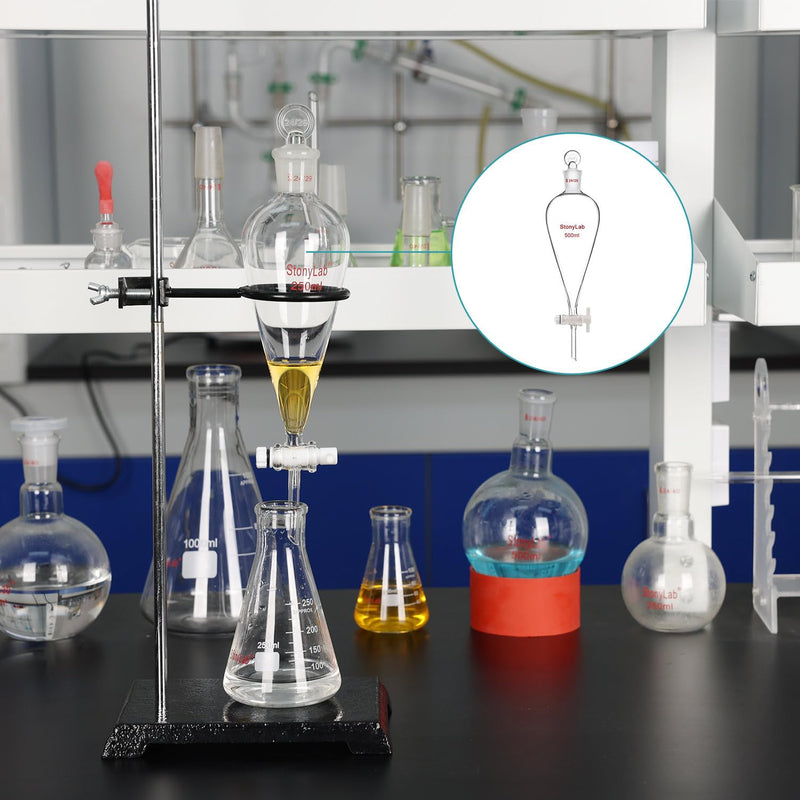 stonylab PTFE Stopcock Separatory Funnel 500 ml, Borosilicate Glass Heavy Wall Conical Pear-Shaped Funnel with 24/29 Joint