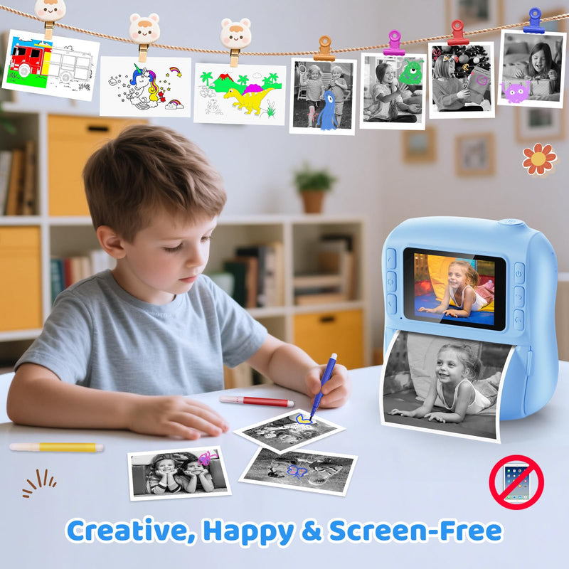 Instant Print Camera for Kids,Christmas Birthday Gifts for 3 4 5 6 7 8 9 10 11 12 Year Old Boys Girls,Toddler Digital Video Camcorder Cameras, Best 1080P HD Selfie Toy with 32GB SD Card Blue