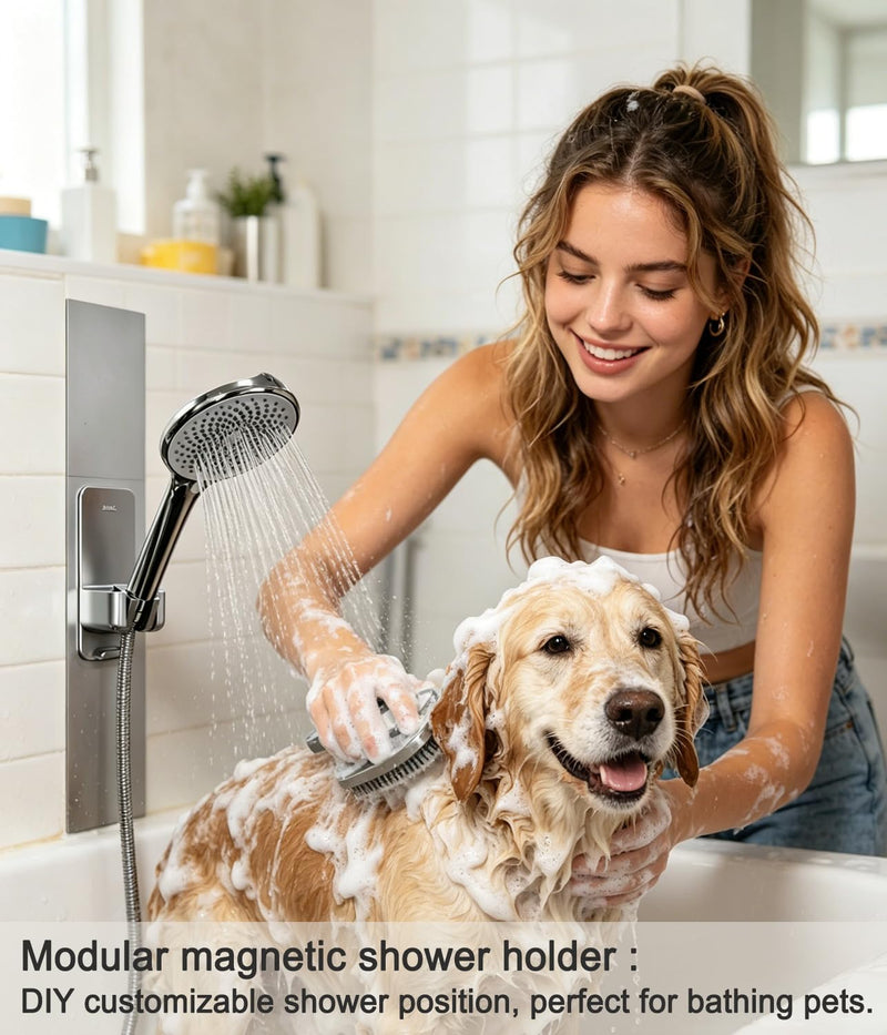 Modular Magnetic Handheld Shower Head Holder, 5-Section Customizable Sliding Rail with Tool-Free Adhesive Installation, Adjustable Height and Angle for Shower Chairs, Kids, Pets, Elderly, RV, Bathtub Silver