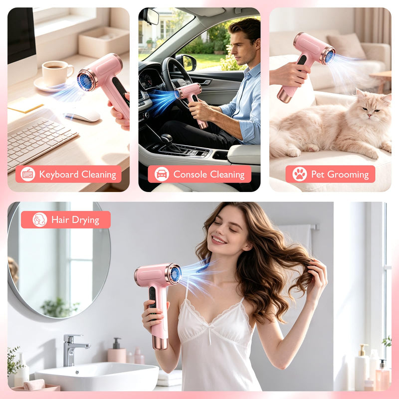 Cordless Hair Dryer, Portable Rechargeable Blow Dryer with Digital Screen, 3 Heat & Speed Settings, USB Charging, Lightweight Travel Hair Dryer for Home, Dorm, Travel, Camping & Outdoor Use (Pink) Pink