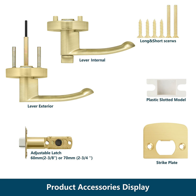 Leydebong 1 Pack Privacy Door Lock Door Handle Lever Keyless Door Knob Hardware Lockset for Bathrooms Indoor Door Levers Reversible Without Key for Interior Use, Light Satin Brass Finish Keyless-Privacy Lever