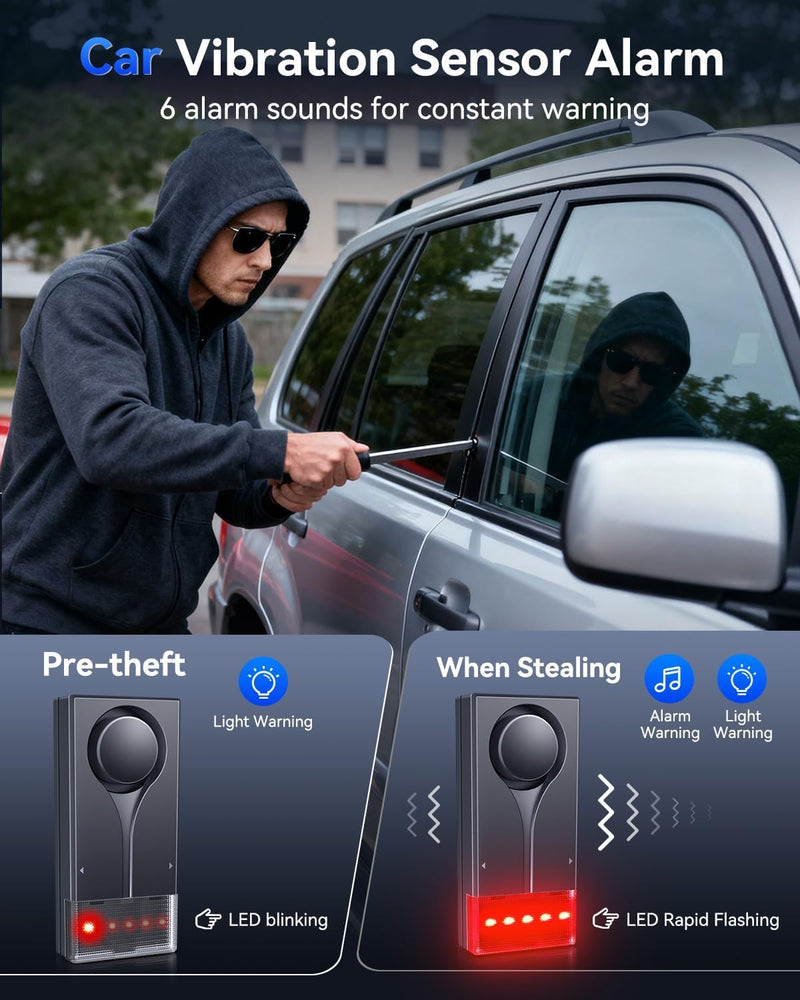 Car Alarm Anti Theft Device, 108 dB Car Audible and Visual Alarm, Magnetic Vibration Alarms System with Remote Control, High-Temperature-Resistant, Suitable for RVs, SUVs, Trucks Etc (2 Alarms)