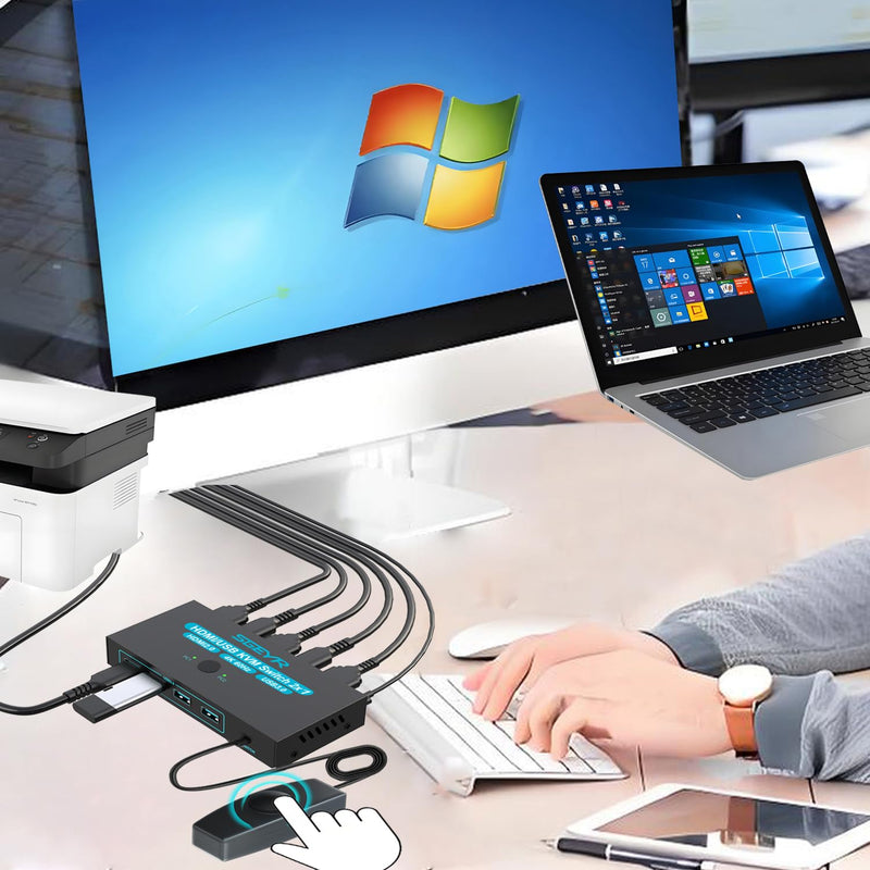 SGEYR USB 3.0 HDMI KVM Switch 1 Monitors 2 Computers,KVM Switch 2 Port HDMI 4K@60HzKVM Switches for 2 Computers Sharing Monitor Keyboard Mouse Hard Drives Printer, 2USB Cable and Controller