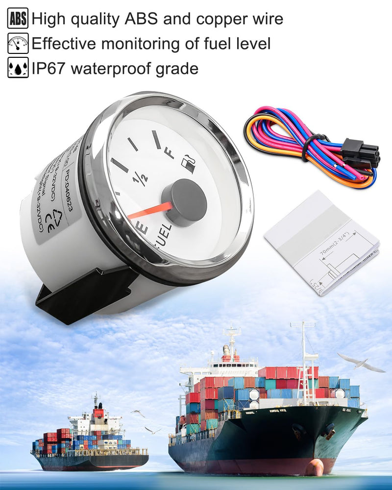 Boat Fuel Level Gauge 73-10 ohms (Empty-Full) for Marine Car RV Yacht Motorcycle Automotive, 52mm 9-32VDC White 73-10 ohm 52mm White
