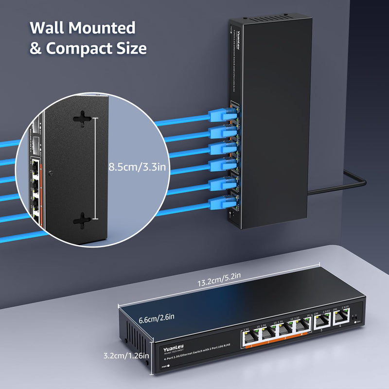 6 Port 10G Ethernet Switch Unmanaged, 4 x 2.5G Base-T Ports, 2 x 10Gb RJ45 Ports, Compatible with 100/1000/2500Mbps, Metal Fanless, VLAN, YuanLey 2.5Gbe Network Switch for 2.5G/10G NAS, Wireless AP 6 Port | 4x2.5G +2x10G RJ45