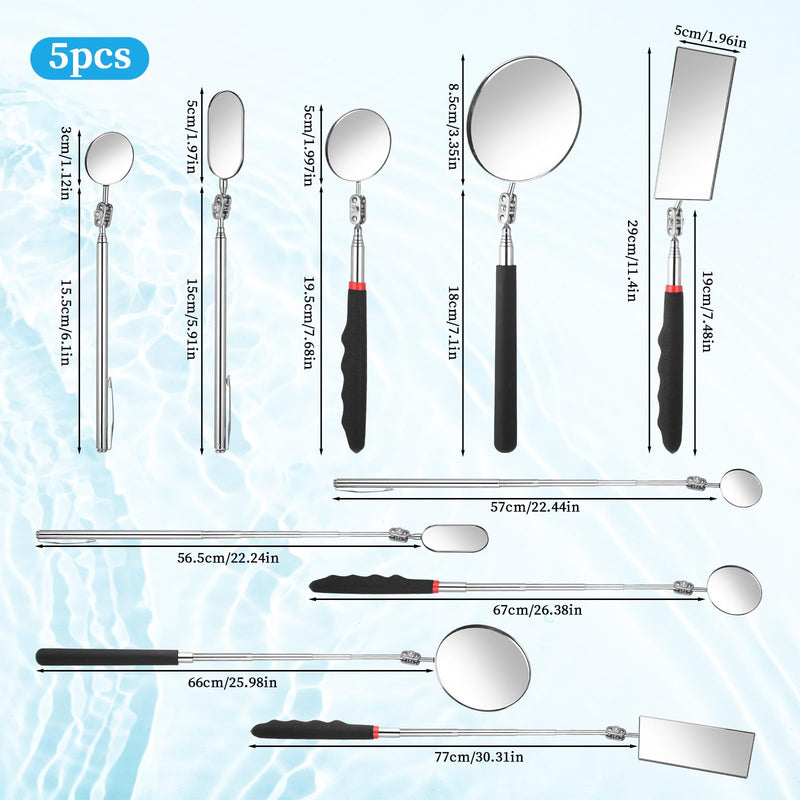 5 Pieces Telescoping Inspection Mirror Set Retractable Mechanical Mirror Tool 360 Rotation Mirrors Inspection Tool Stainless Steel Mirrors for Check Observe Vehicle, Car, Eyelashes, Small Parts