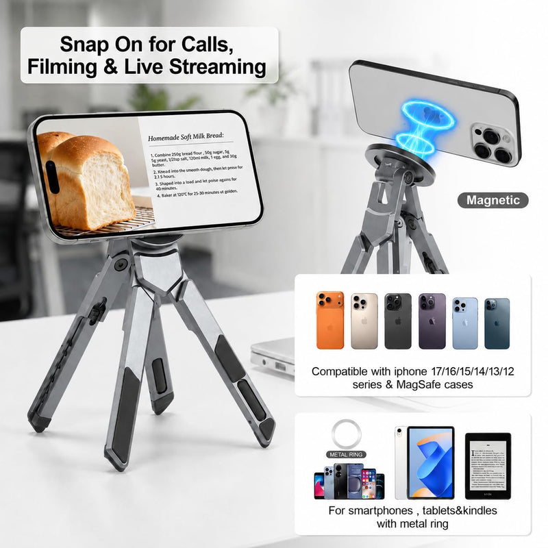 4-in-1 Adjustable Laptop Stand for desk with Magnetic Phone Holder & Camera Tripod, Foldable Aluminum Stand for Laptop, Tablet, Camera, Portable Ergonomic Desk Setup for Travel & Remote Work(Gun Gray) Gun Gray
