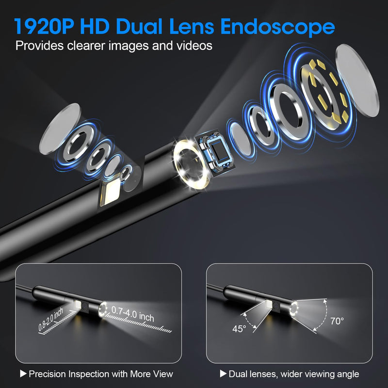 Endoscope with Light, 1920P HD Borescope with 8 Adjustable LED Lights, Semi-Rigid Snake Camera, IP67 Waterproof Inspection Tool for iPhone & Android - 16.4FT-Dual Lens (Black) Black