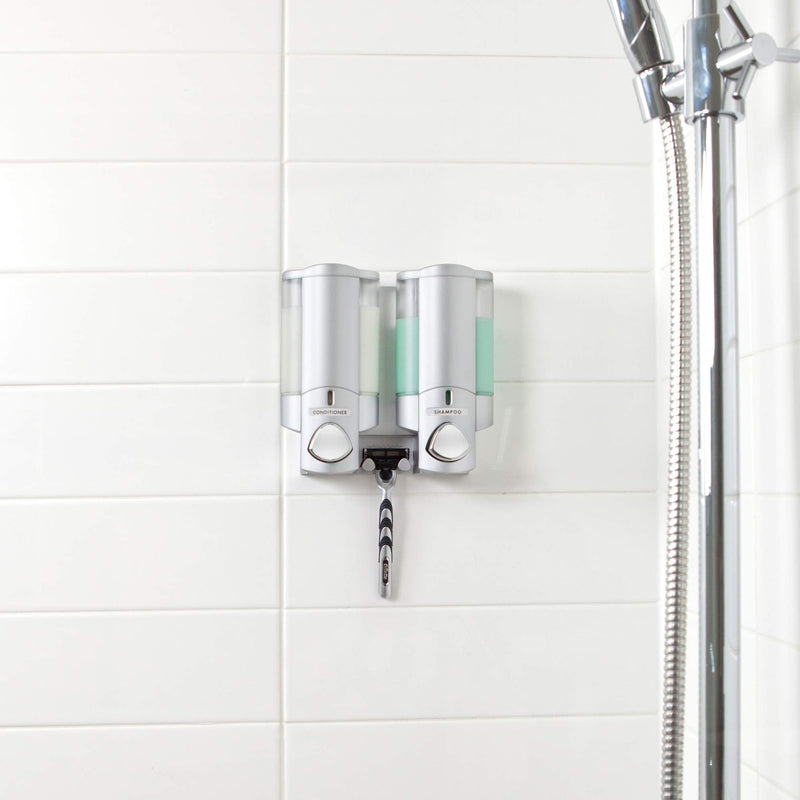Better Living Aviva Shower Dispenser 2 Chamber, Wall Mount Shower Soap Dispenser for Bathroom Hotel Body Wash, Built-in Hooks, No Drill, Waterproof Shampoo Soap Dispenser, 2 x 11 oz, Satin Silver 2-Chamber