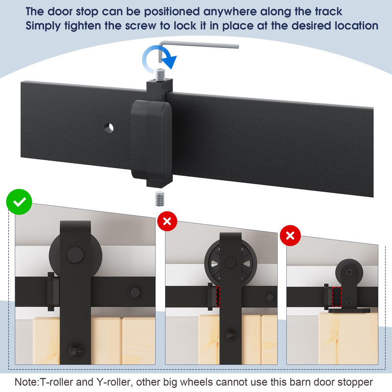 Easelife Barn Door Stopper 2pcs, Sliding Door Stop for 1-9/16" Top Track with Hex Wrench & Rubber Buffer, Anti-Derailment Hardware for Single and Double Barn Doors, Black
