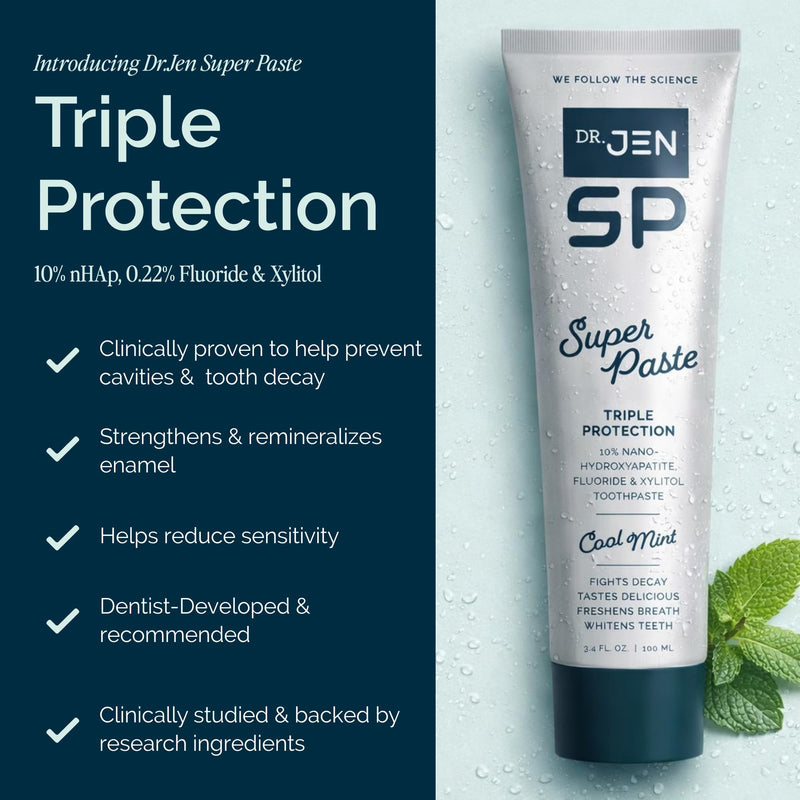 Dr. Jen Super Paste Toothpaste with 10% Premium Nano Hydroxyapatite, Fluoride, Xylitol & Glycerin for Daily Oral Care, Designed for Sensitive Teeth, Vegan, Travel Essentials, Cool Mint Flavor, 1 Pack 3.4 Ounce (Pack of 1)
