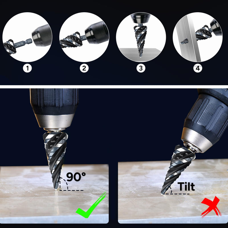 Four Spiral Flute Step Drill Bit Set, 1/8"-1-3/8" (59 Sizes), 5PCS High-Speed Steel Unibit Step Bits with 1/4" and 3/8" Hex Shank for Stainless Steel,Metal,Aluminum,Wood,Plastic HSS 5 Piece(Black)