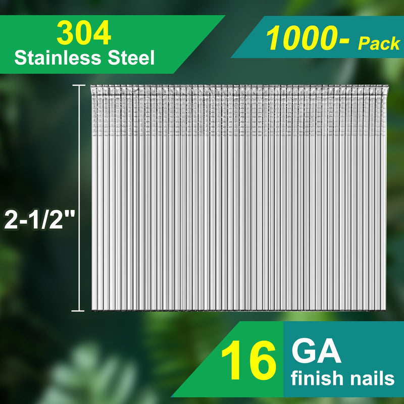 16 Gauge Straight Finish Nails, 304 Stainless Steel 1" ~2-1/2" 1000 Pack, Compatible with Pneumatic & Electric Finish Nailers or Nail Guns (2-1/2" - 1000 PCS) 2-1/2" - 1000 PCS