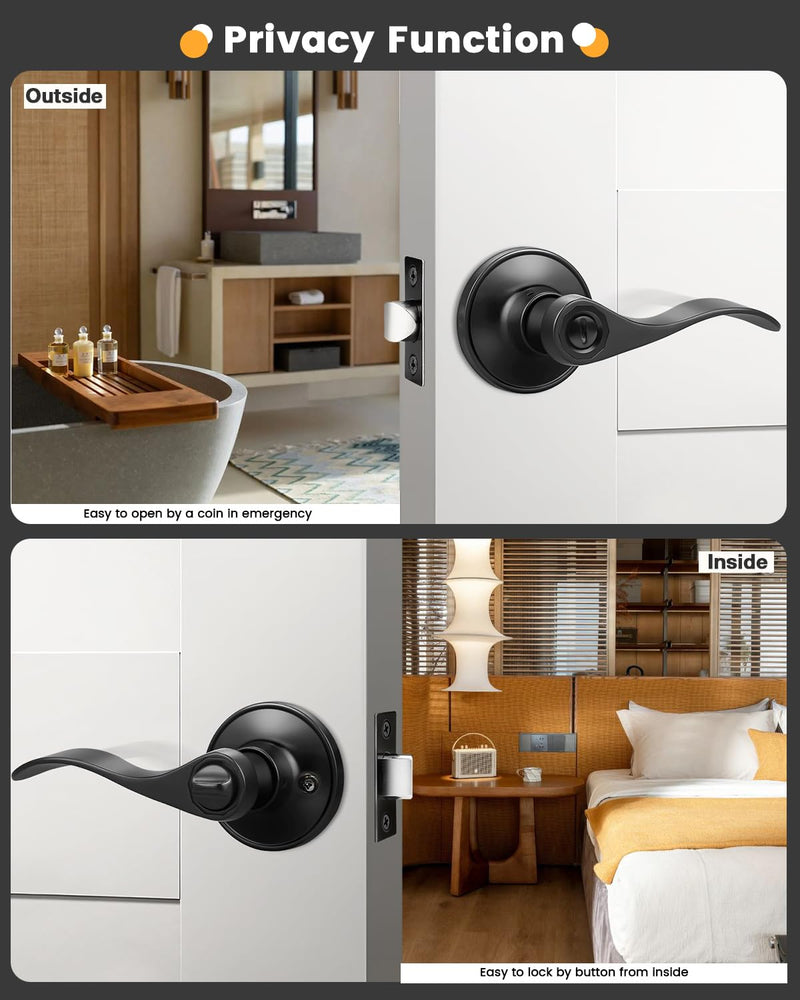 Gobrico Matte Black 1 Pack Privacy Door Handle, Interior Keyless Lever for Bedroom Bathroom, Reversible Wave/Drop Style Door Knob