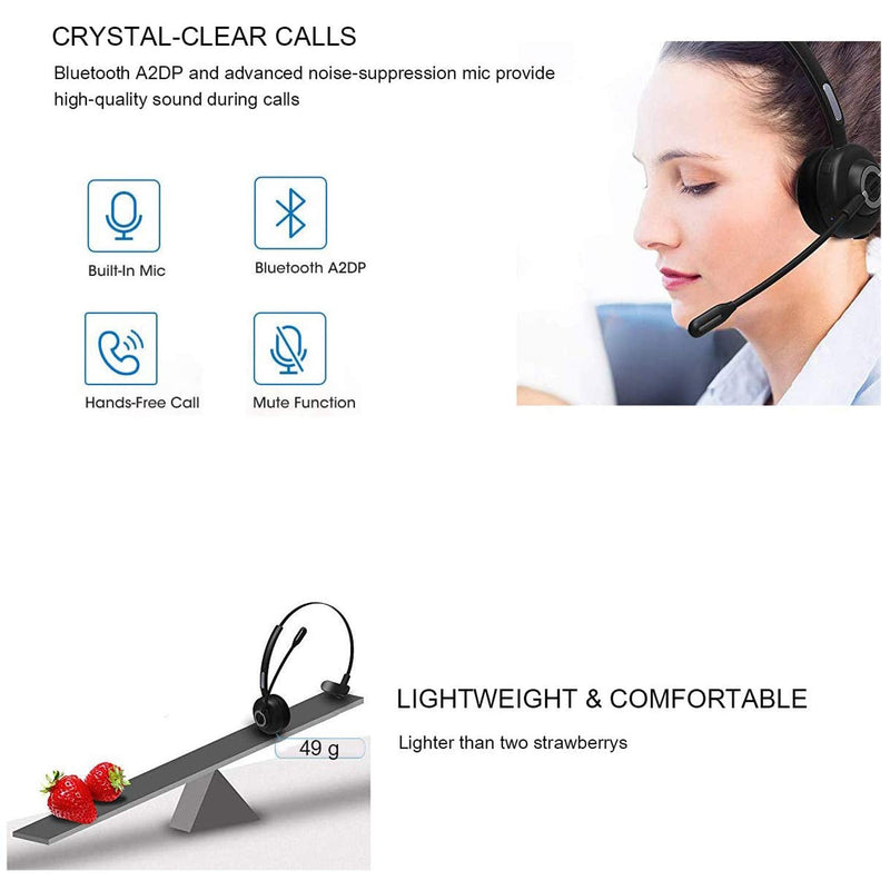 Wireless Headset,Trucker Bluetooth Headset with Mic,Noise Cancelling On Ear Bluetooth Headphones with Charging Base,Talk in Clarity Pro for Office Buiseness Home PC iPhone