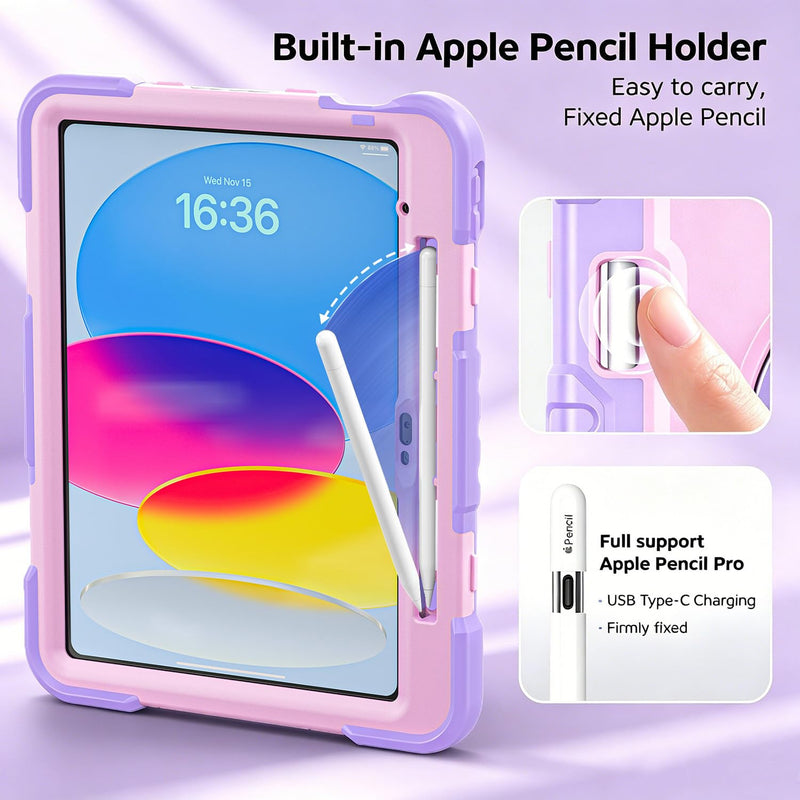 Case for iPad A16 11th Gen 11" 2025 & iPad 10th Gen 10.9" 2022 | 4-Layer Military Grade Shockproof Cover,Built-in Pencil Holder,360° Rotating Alloy Stand,Detachable Shoulder Strap Lilac Blush