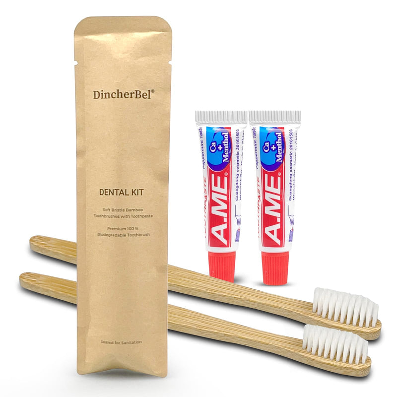 DincherBel Bamboo Toothbrushes Kit Bulk, Disposable Toothbrushes with Toothpaste(6g), Individually Wrapped Toiletries Amenities for Hotel, Airbnb, Homeless, Shelter, Camping and Travel (50 Pack) 50 Pack(Bamboo)