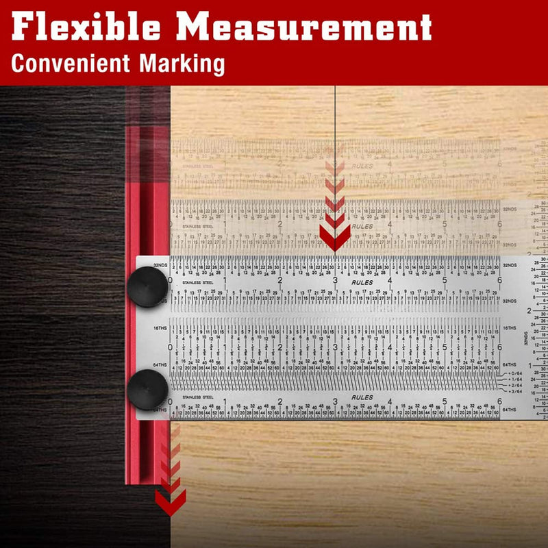 12 Inch T-Rule, Precision Marking T Rule, Woodworking T Square Ruler, Stainless Steel Hole Positioning Scribing Tool, Carpenter Measuring T-Square, with Pencil & 0.5mm Pencil Refill