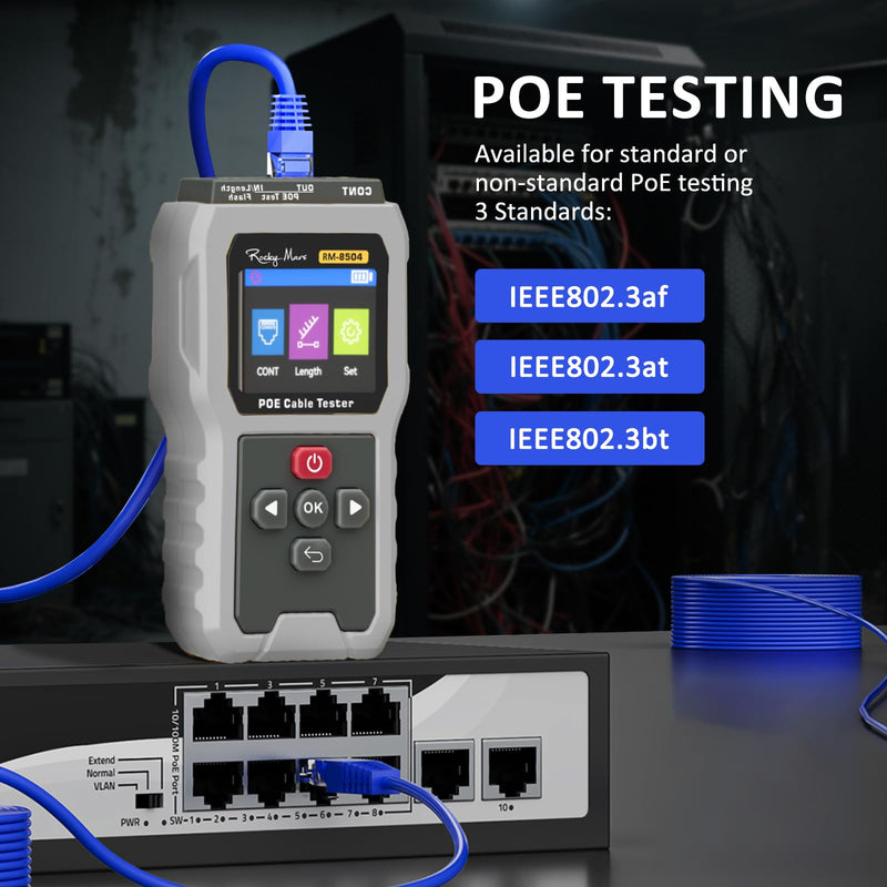 PoE Cable Tester, IEEE 802.3af/at/bt Compliant Network Tester with Port Flash Detection, Cable Length Meter, Continuity Test for CAT5 CAT6, 1500mAh Battery