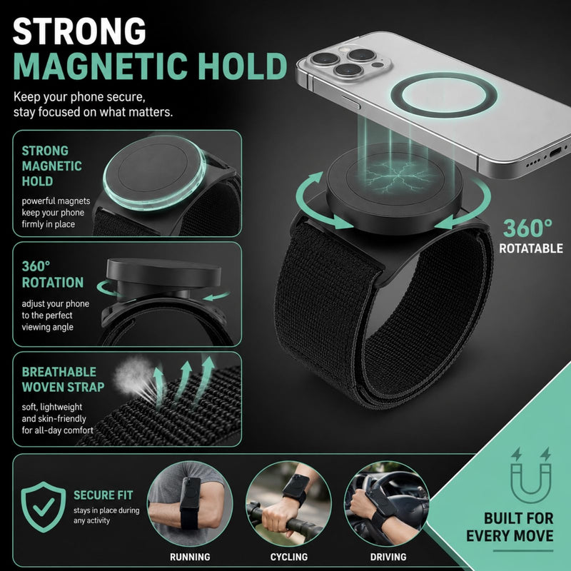 Wristband Phone Holder,Wrist Phone Holder,Phone Wrist Holder,Phone Arm Bands For Running,Running Phone Holder,No Screen Blocking, 360° Rotating Wrist Phone Mount Fits 4–6.7" Phones(Magnetic Wristband)