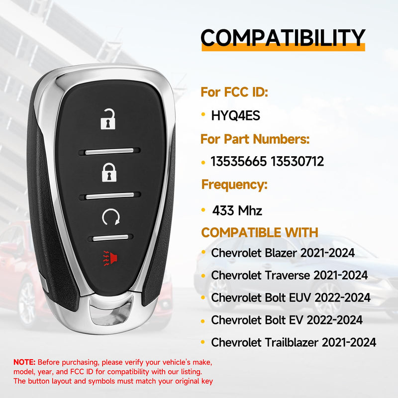 2 Pcs Key Fob Replacement Fits for Chevy Blazer Traverse Trailblazer 2021 2022 2023 2024 Bolt EUV/EV 2022-2024 Smart Proximity Car Keyless Entry Remote Control Remote HYQ4ES 433Mhz 46