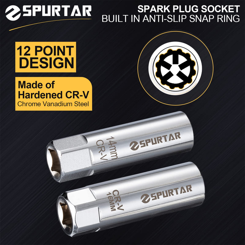 Spurtar 14mm 16mm Spark Plug Socket Set Thin Wall 12-Point 3/8-Inch Drive Spark Plug Tool Set for Auto, Fits BMW Peugeot Benz Nissan Cars Motorcycle SUV ATV with Spring Clips 2pcs CRV Steel Tool 14mm & 16mm