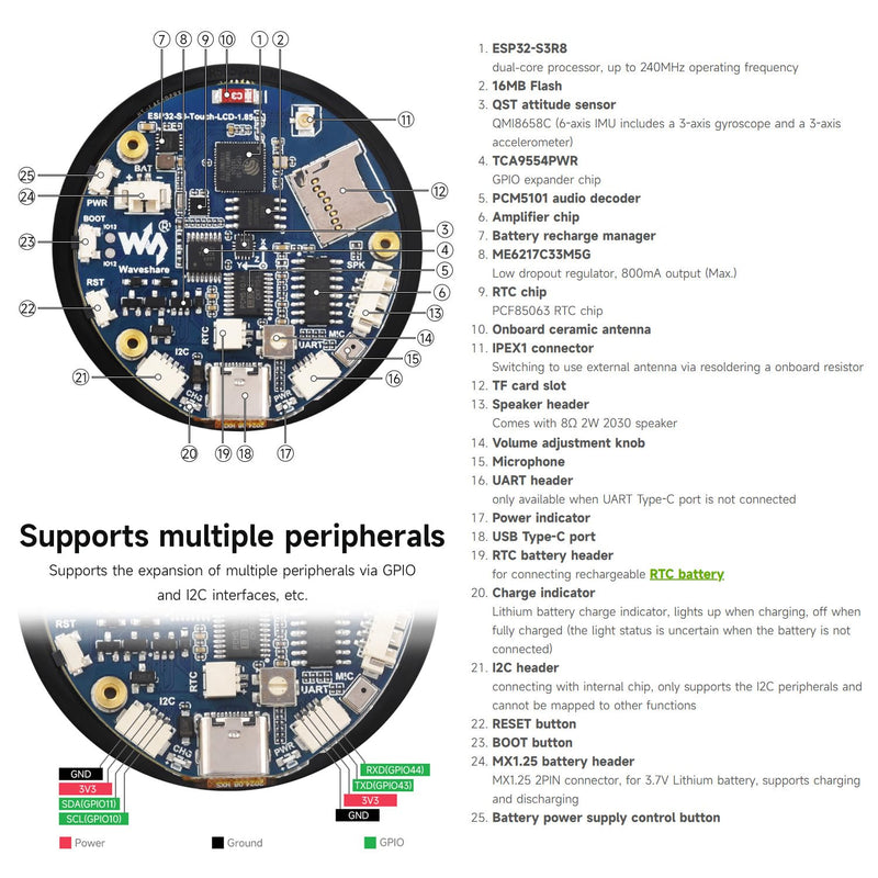 Waveshare ESP32-S3 1.85inch Round Display Development Board 360×360, 32-Bit LX7 Dual-Core Processor, Up to 240MHz Frequency, Supports Wi-Fi & BLE 5, Accelerometer and Gyroscope Sensor, with Touch