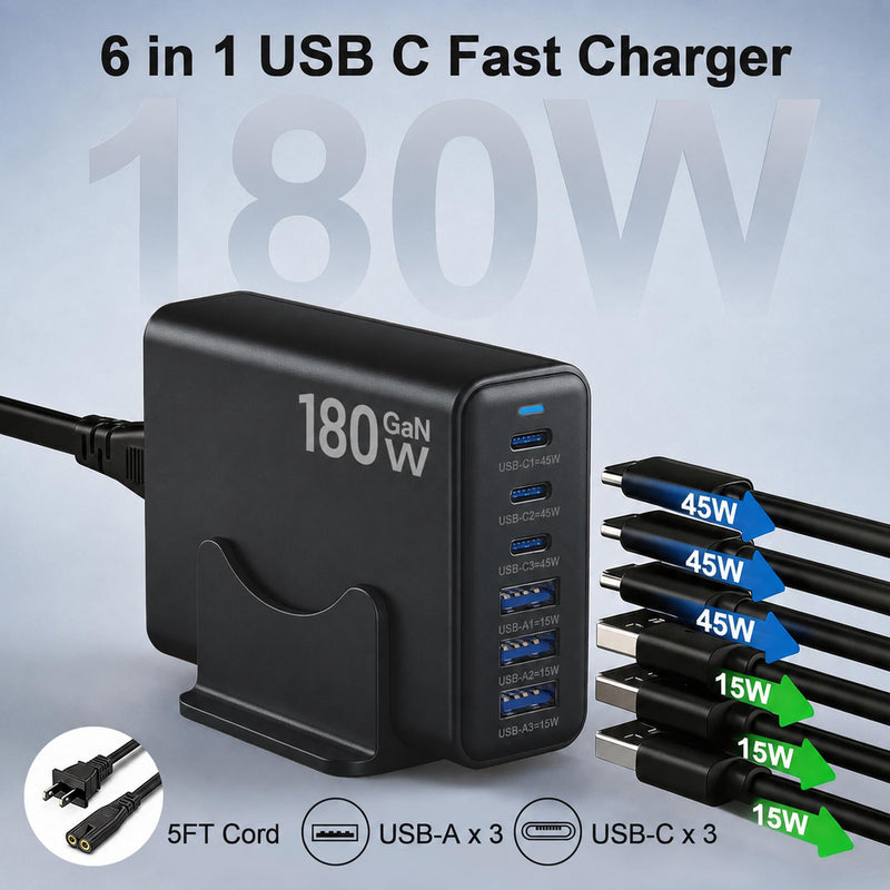 180W GaN Charging Station, 6 Port Desktop Charger, 3 Ports 45W | Fast Charging Block for Multiple Devices, 3 USB C 45W, 3 USB A 15W, Work for Samsung Galaxy, MacBook, iPhone, Home Office Black-180 3A+3C Ports