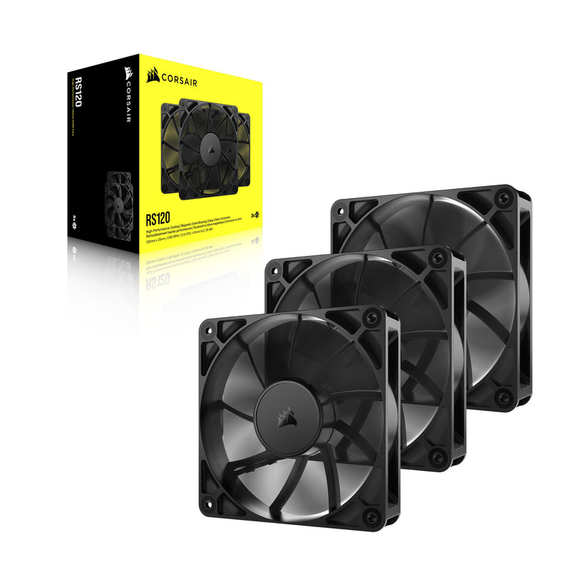 CORSAIR RS120 120mm PWM Fans – Daisy-Chain Connection – Low-Noise – Magnetic Dome Bearing – Triple Pack – Black Non-ARGB 3 x 120mm