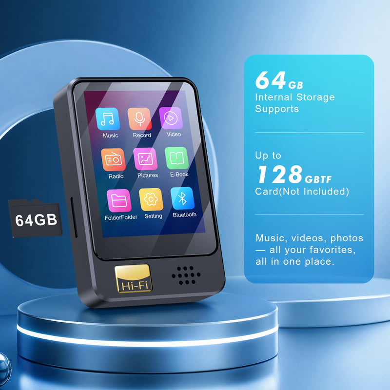 Fohil 64 GB MP3 Player with Bluetooth 5.2, HiFi Sound Quality MP3 Player | 128GB TF Card Expansion, FM Radio and E-Book Reader, Built-In Speaker; Best Gift for Music Lovers 64.0 GB