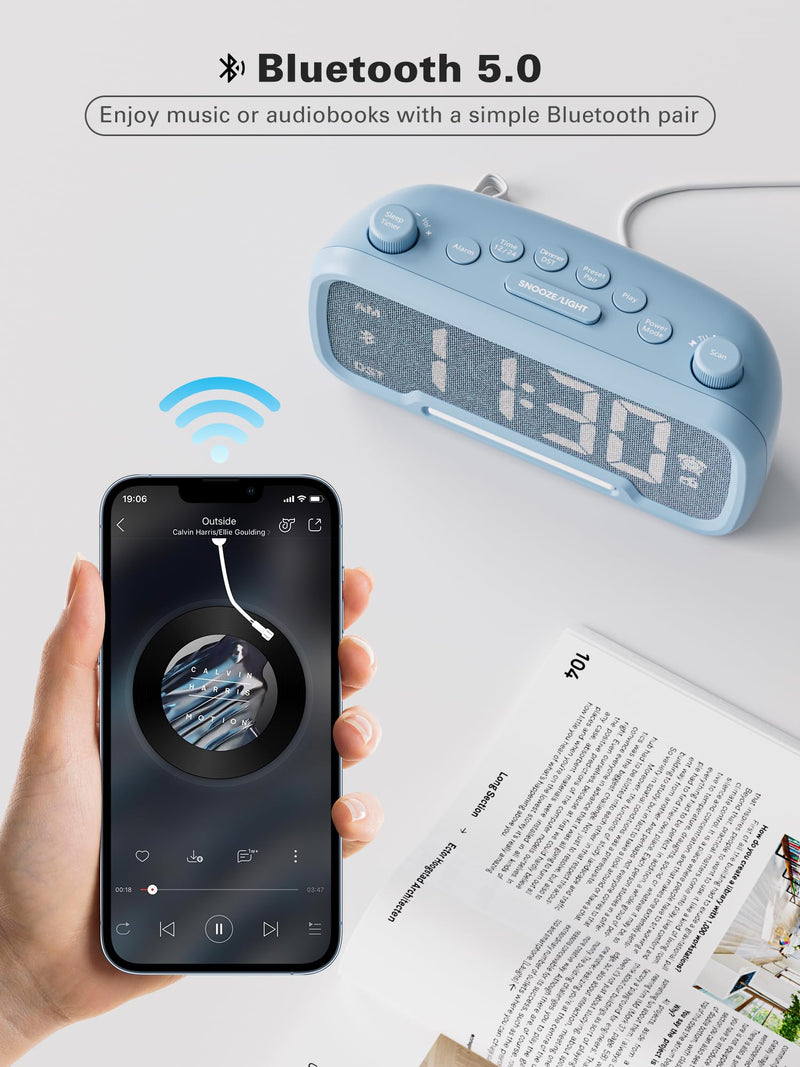 Mesqool Digital Alarm Clock with 2 USB Chargers,Bluetooth Speaker, FM Radio,Night Light,5-Level Dimmer,Adjustable Volume,12/24H,Snooze,Battery Backup,Loud Clock Radio for Heavy Sleepers Adults Blue