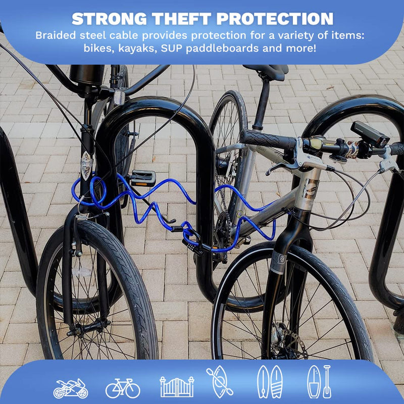 Coiled Security Cable Lock Set (5' to 25') with U-Lock, 5ft | Anti-Theft Protection, 10mm Looped Ends Cable, Vinyl Coated, Weatherproof, Compact, Resettable Combination, Multi-Purpose